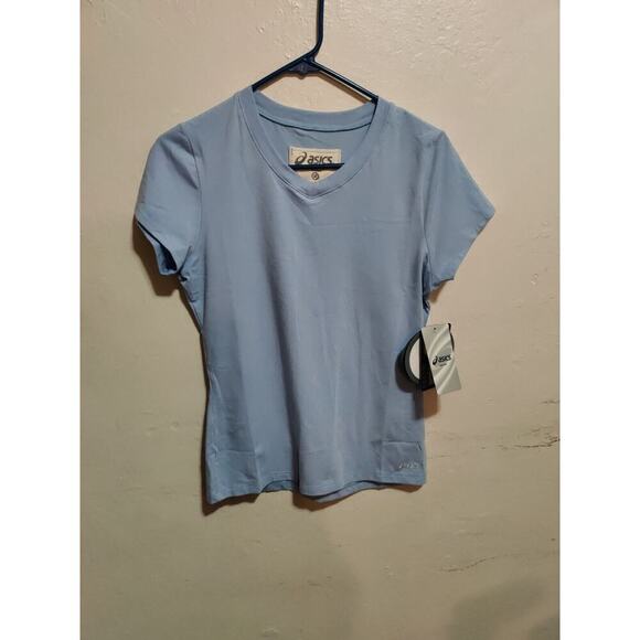 New Asics Women Sky Blue Athletic Top Semi-Fitted Medium Short Sleeve Ecoline - Picture 2 of 16